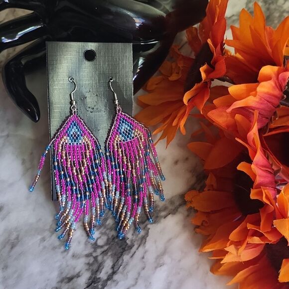 Colorful Beads Tassel Dangle Pink and Blue Earrings Retro Bohemian Style - Picture 8 of 10